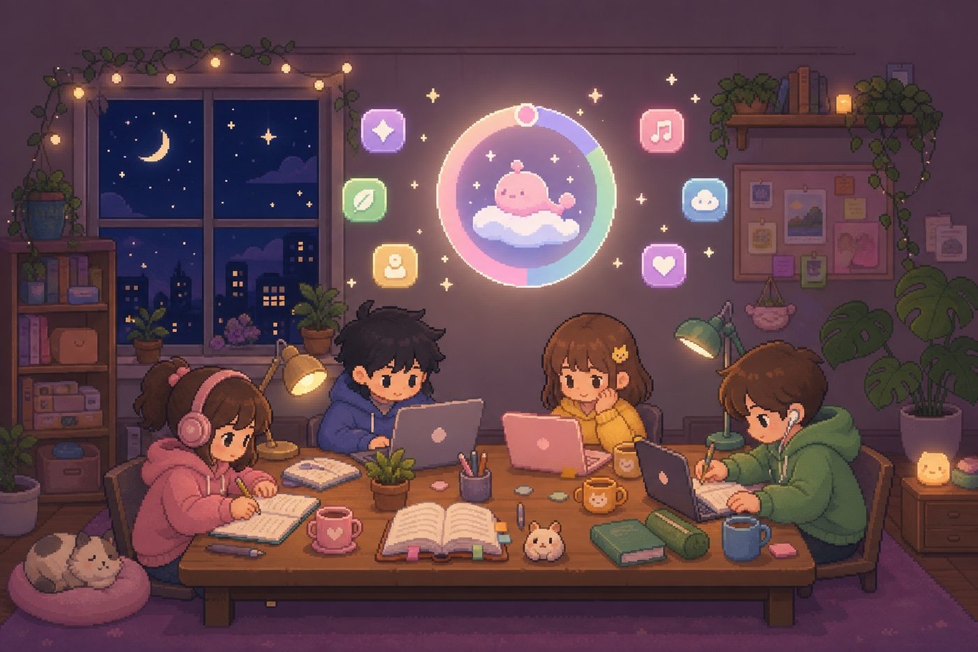 夜の作業部屋で4人の仲間が一緒に勉強しているピクセルアート